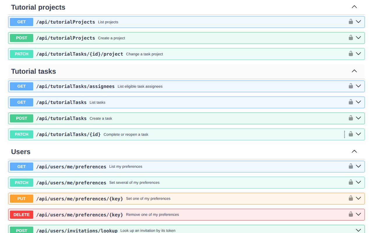 The Tutorial projects API group lists project queries, project creation and task-project assignment