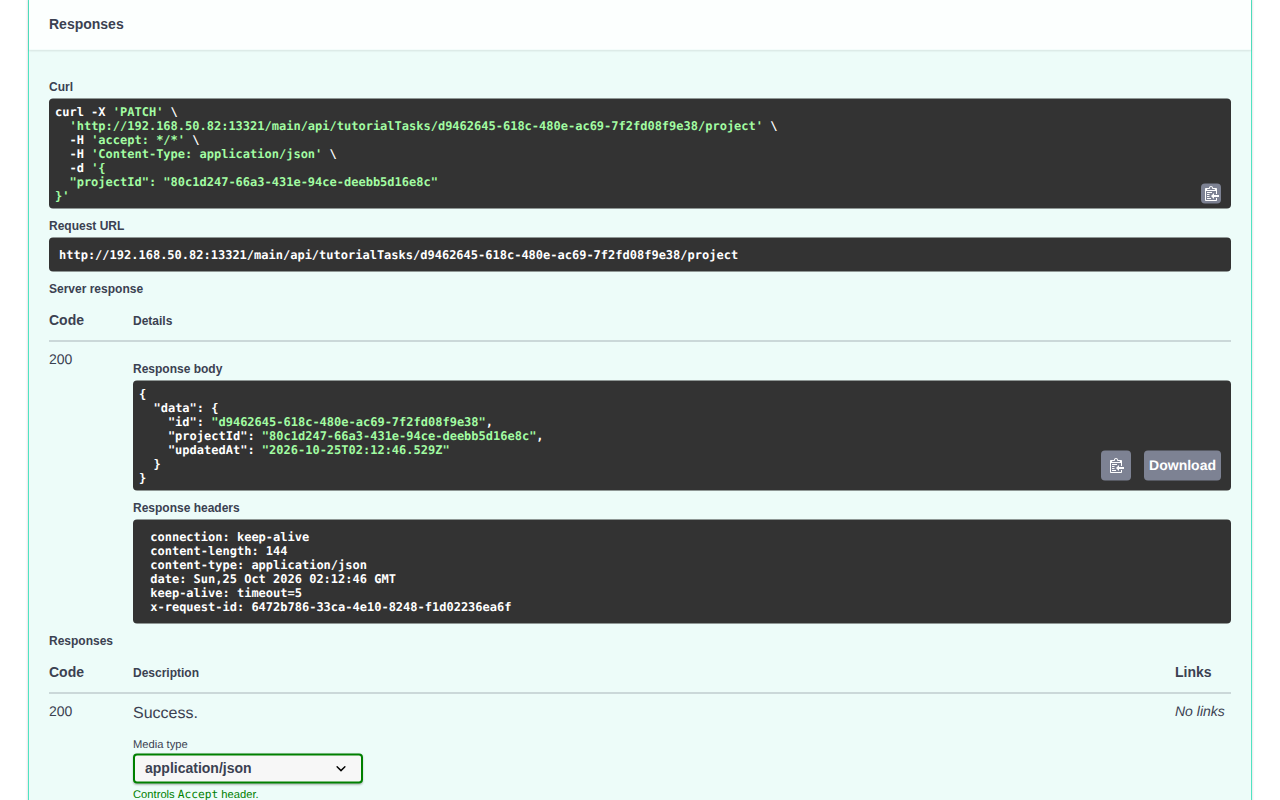 A successful task-project request returns 200 with the task id, projectId and updatedAt in data