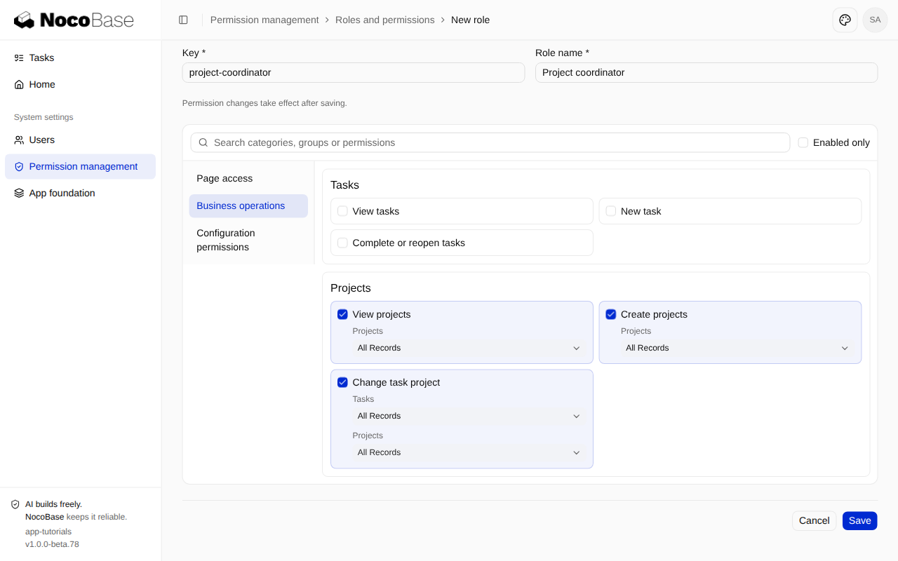 Project business permissions with View projects, Create projects and Change task project selected, including separate task and project scopes