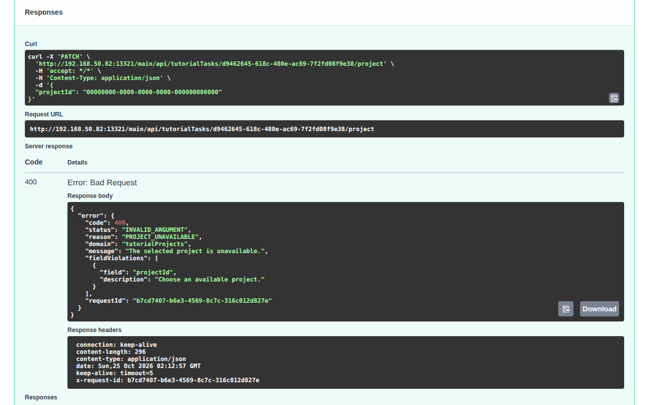 An unavailable project returns 400 with PROJECT_UNAVAILABLE and a field violation for projectId