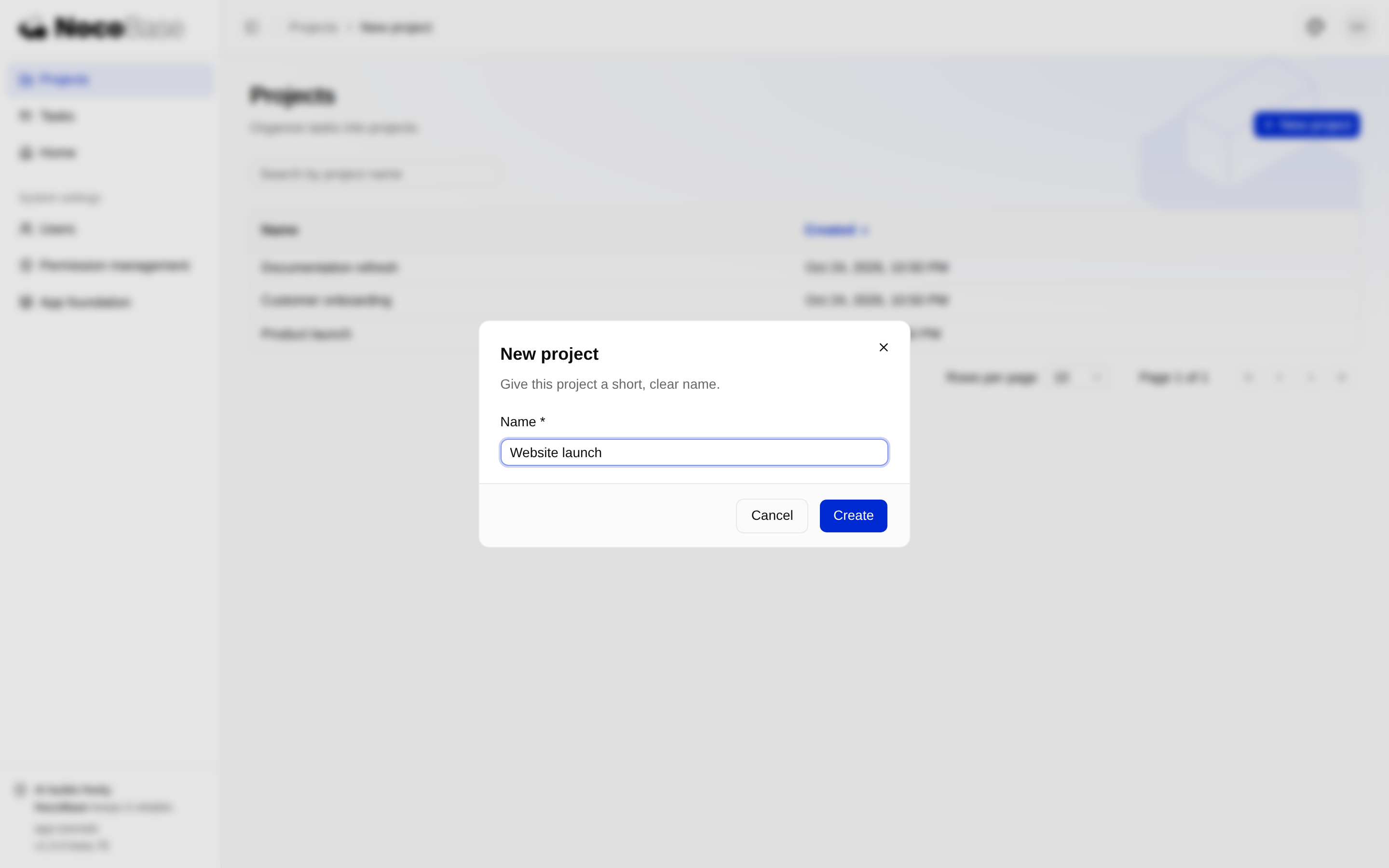 New project dialog over the project list