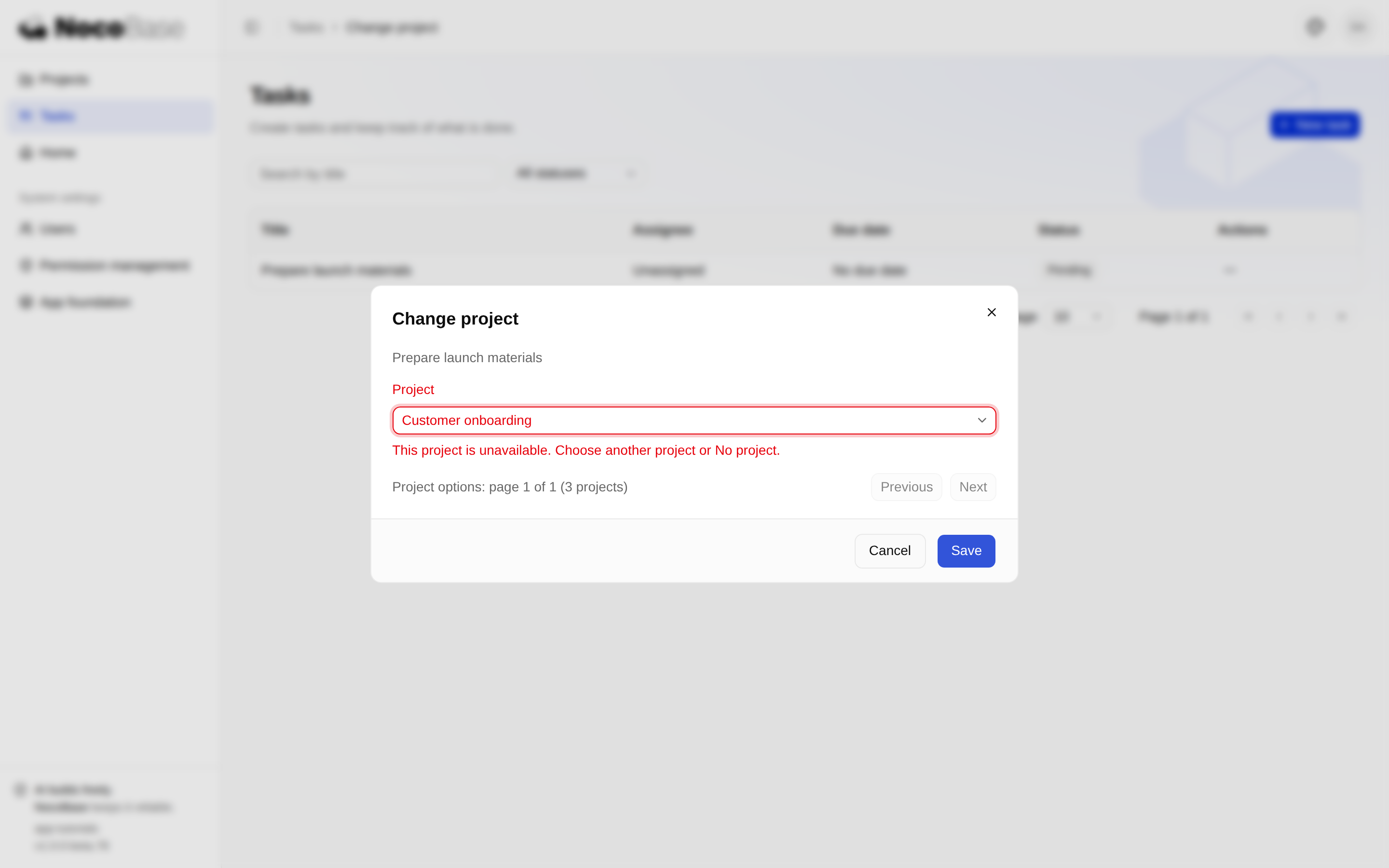 A real API rejection displayed under the Project field