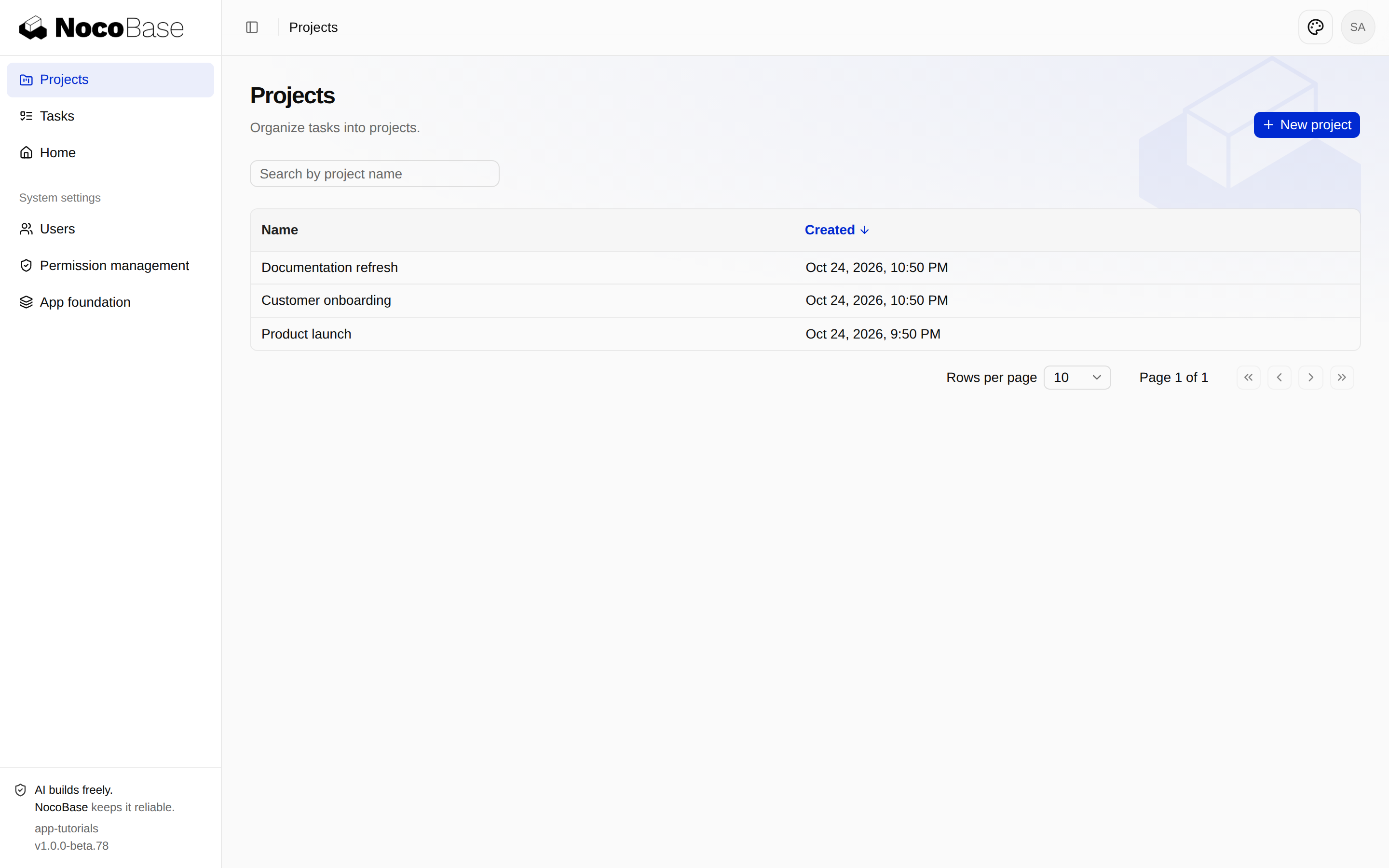 Project list with name search, creation-time sorting and pagination