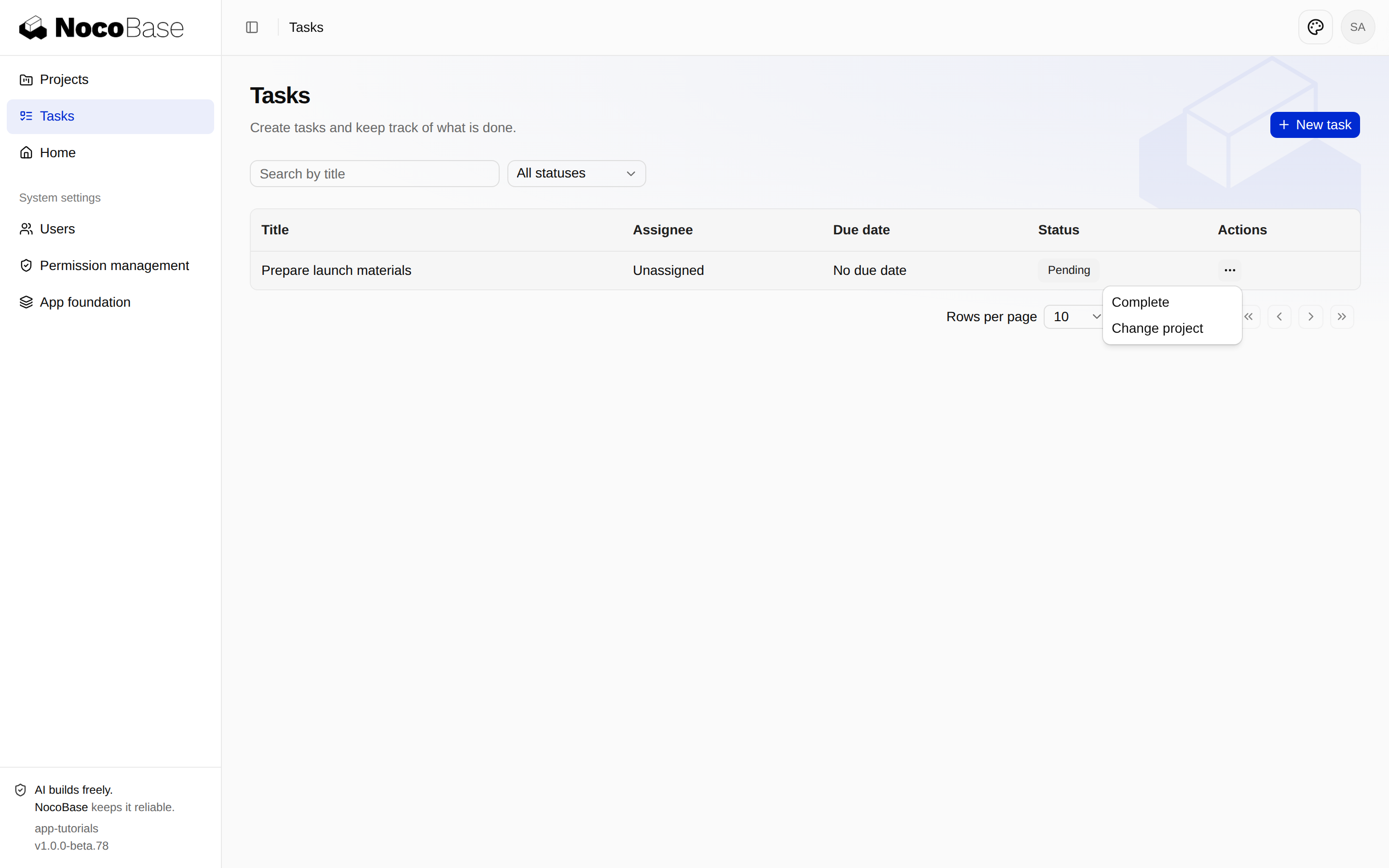 Change project in the task row menu