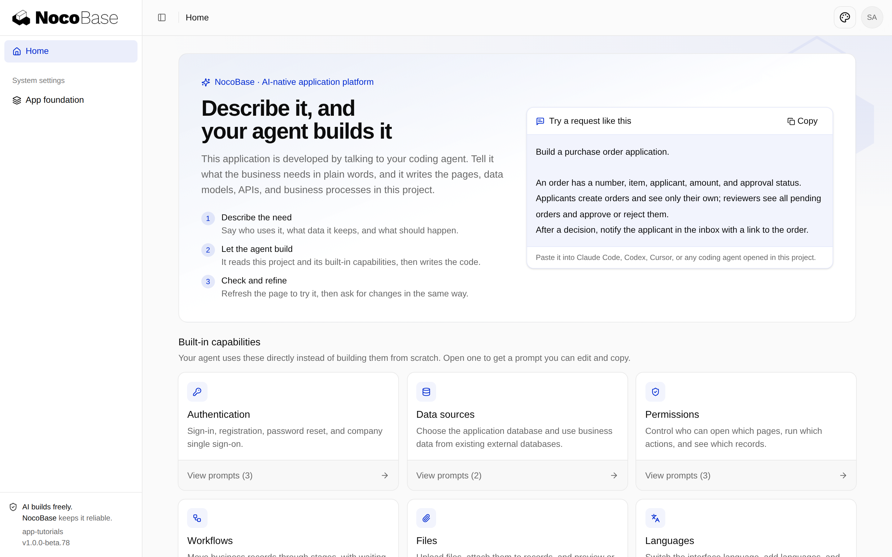 The newly created application homepage