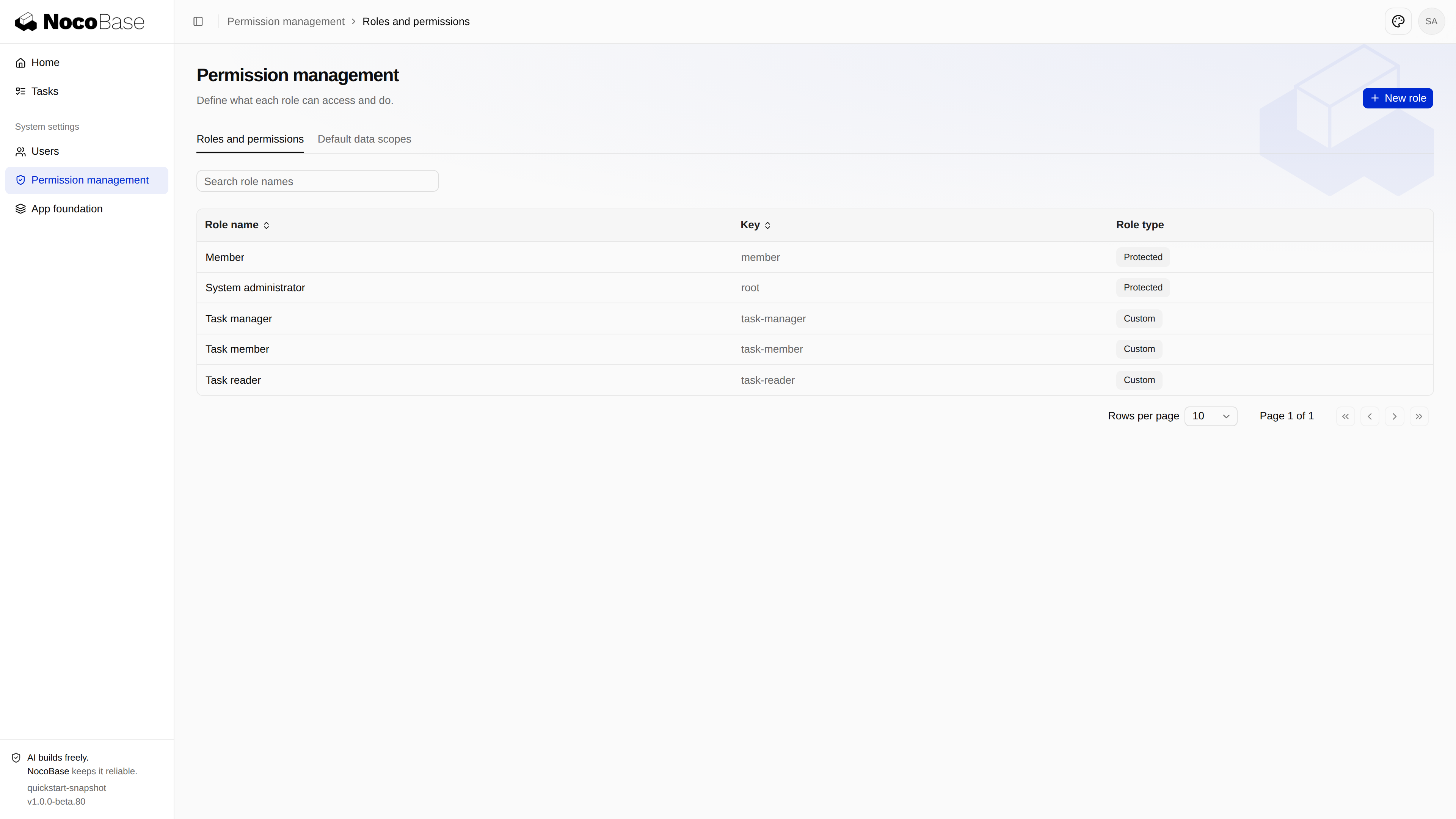 Task roles in system settings.