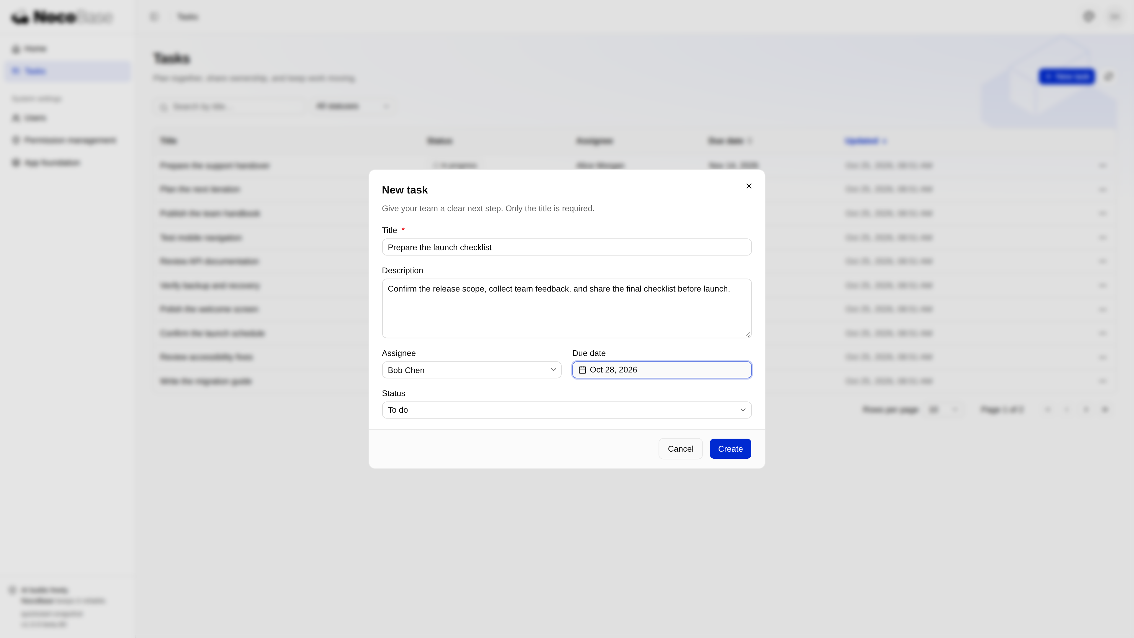 Create dialog with description, assignee, and due date.
